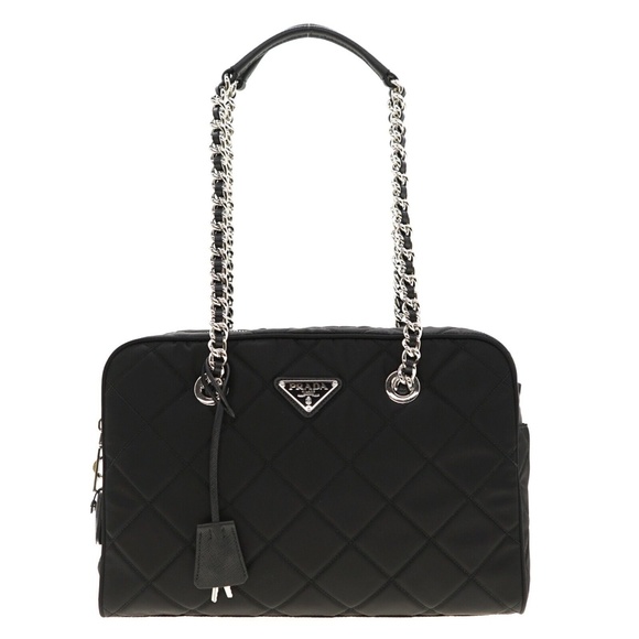 Prada Shoulder Bag Quilted Black Nylon With Chain And Leather Straps 1BB903 New - Picture 2 of 6